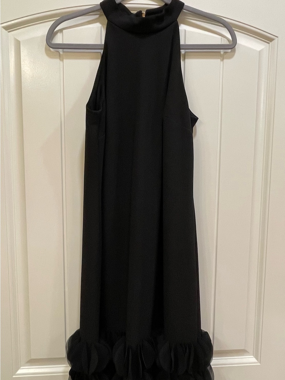 Tahari Black Midi Halter Dress with Rosette Hem
